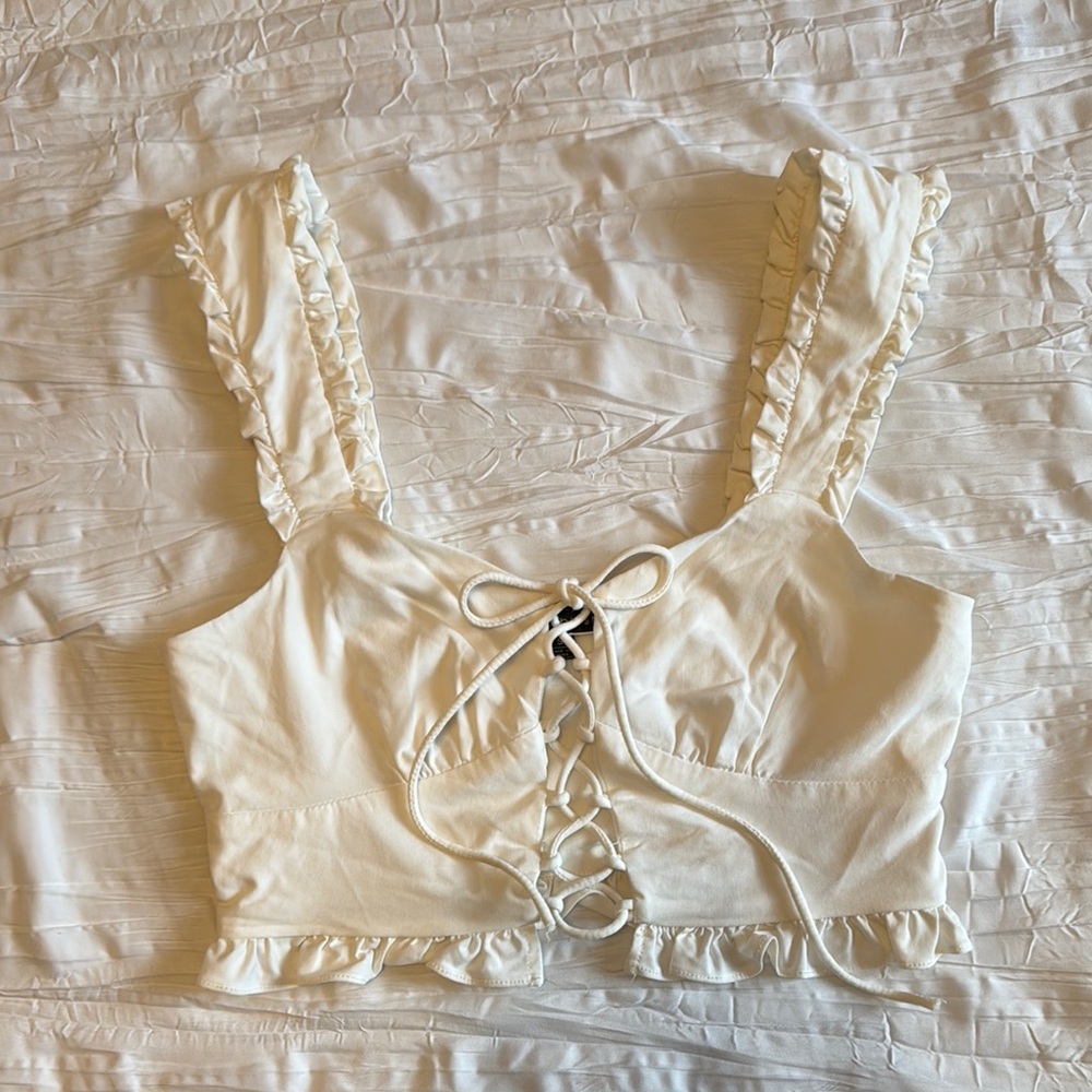 White Ruffled Lace-Up Crop Top